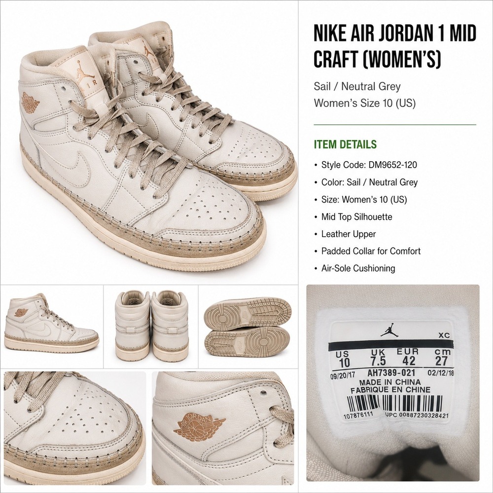 Nike Air Jordan 1 Mid Craft Sail Neutral Grey AH7389-021 Womens Size 10 Sneaker